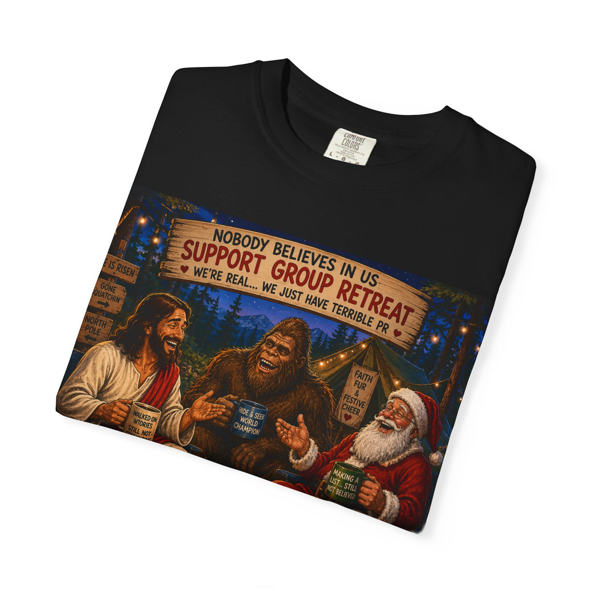 Support Group Retreat T-shirt | Jesus, Bigfoot & Santa Illustration