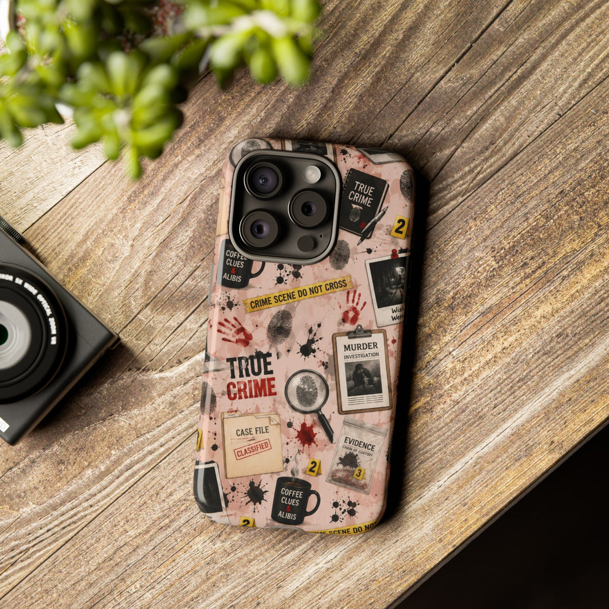 True Crime Pattern Phone Case – Detective Evidence, Crime Scene Tape & 'True Crime' Design