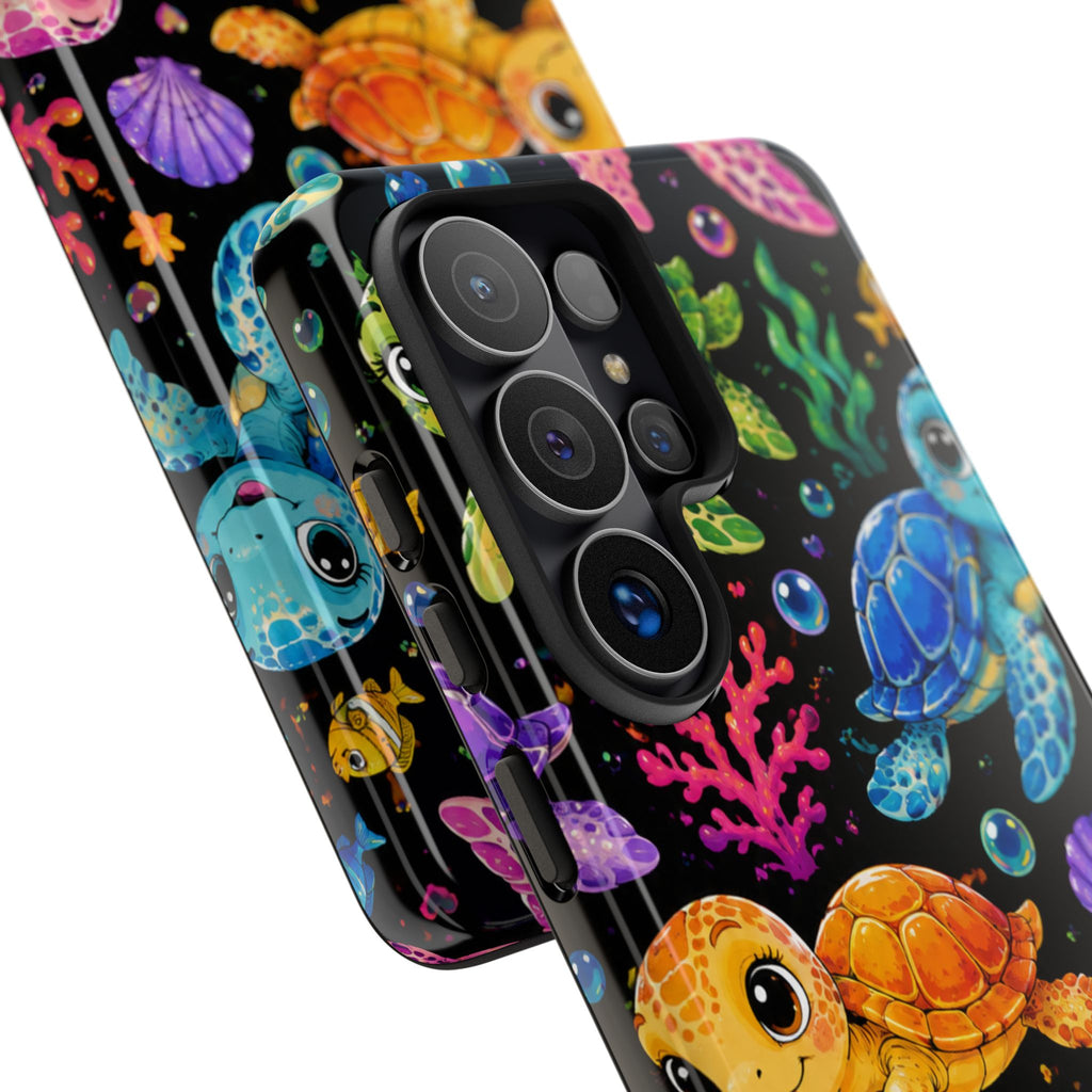Phone Case — Colorful Cute Sea Turtles on Black (Protective Smartphone Cover)