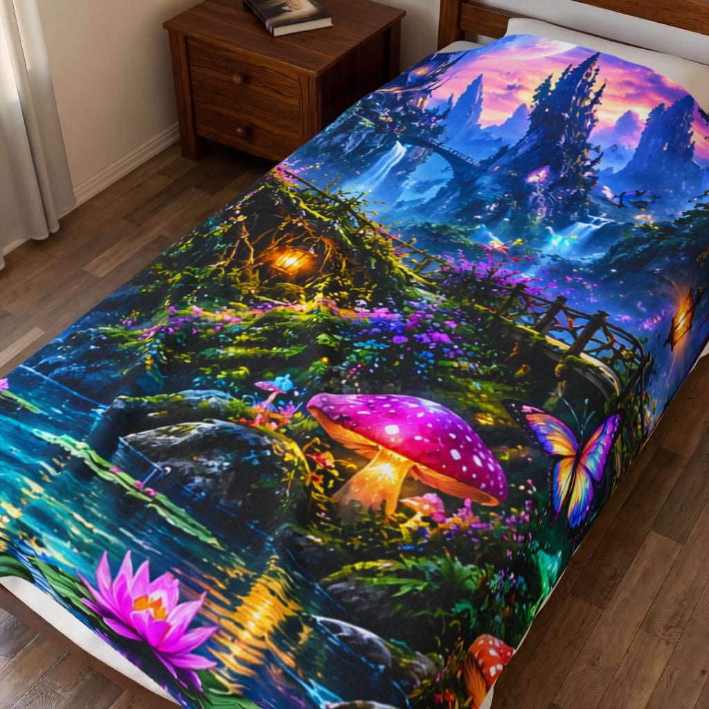 Fantasy Velveteen Plush Blanket — Enchanted Waterfall & Castle Scene