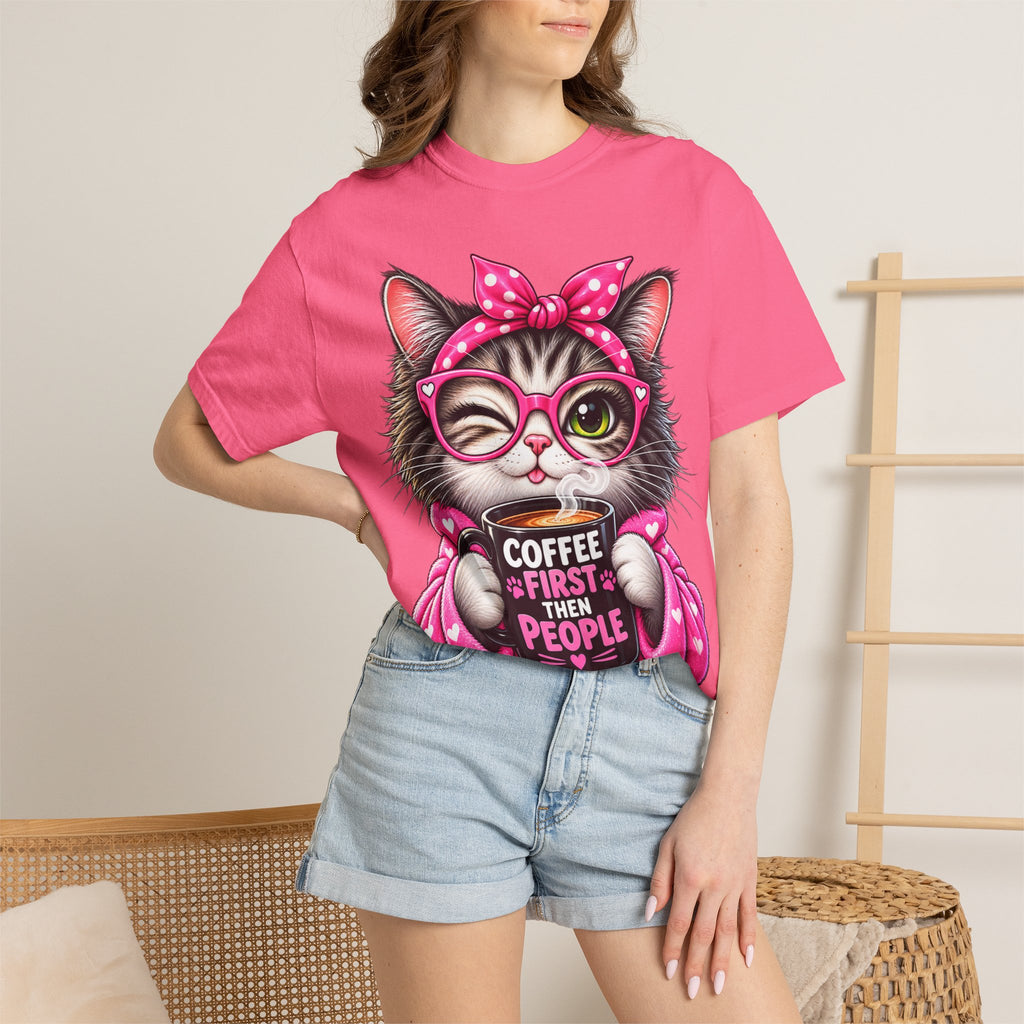Cat Coffee Tee — "Coffee First Then People" Cute Cat Graphic T-Shirt