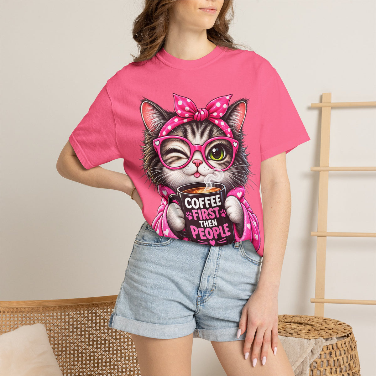 Cat Coffee Tee — "Coffee First Then People" Cute Cat Graphic T-Shirt