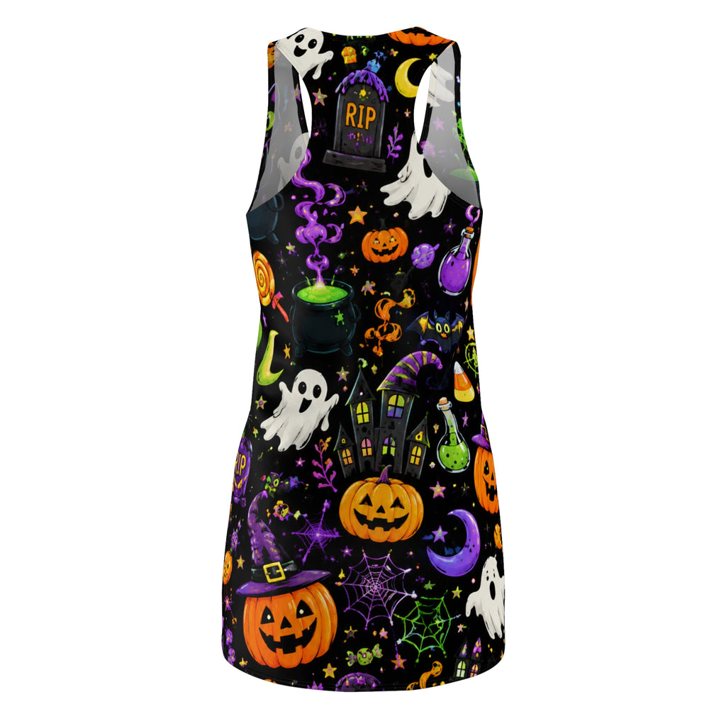 Halloween Allover Print Racerback Dress — Ghosts, Pumpkins & Spooky Night Pattern