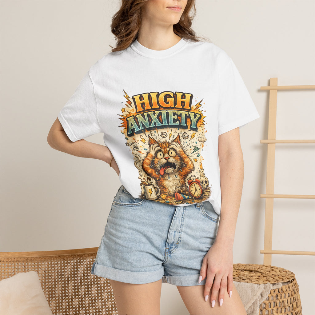 High Anxiety Cat Illustration T-shirt | Nervous Kitty Graphic Tee