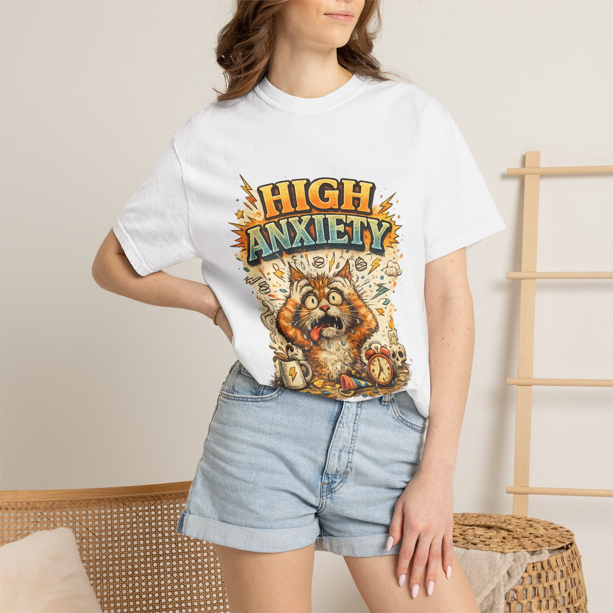 High Anxiety Cat Illustration T-shirt | Nervous Kitty Graphic Tee