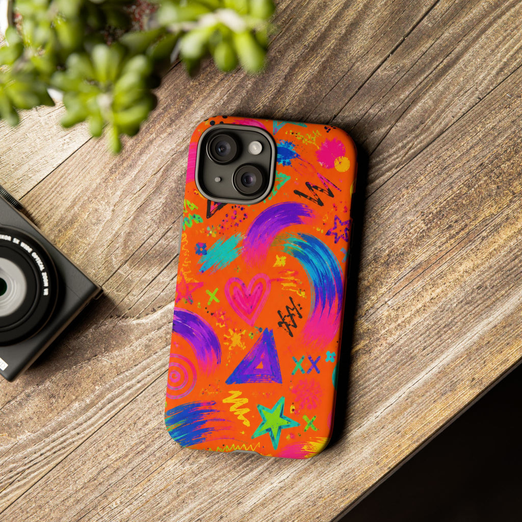 Colorful Neon Doodle Phone Case — Bright Abstract Stars & Hearts Tough Case