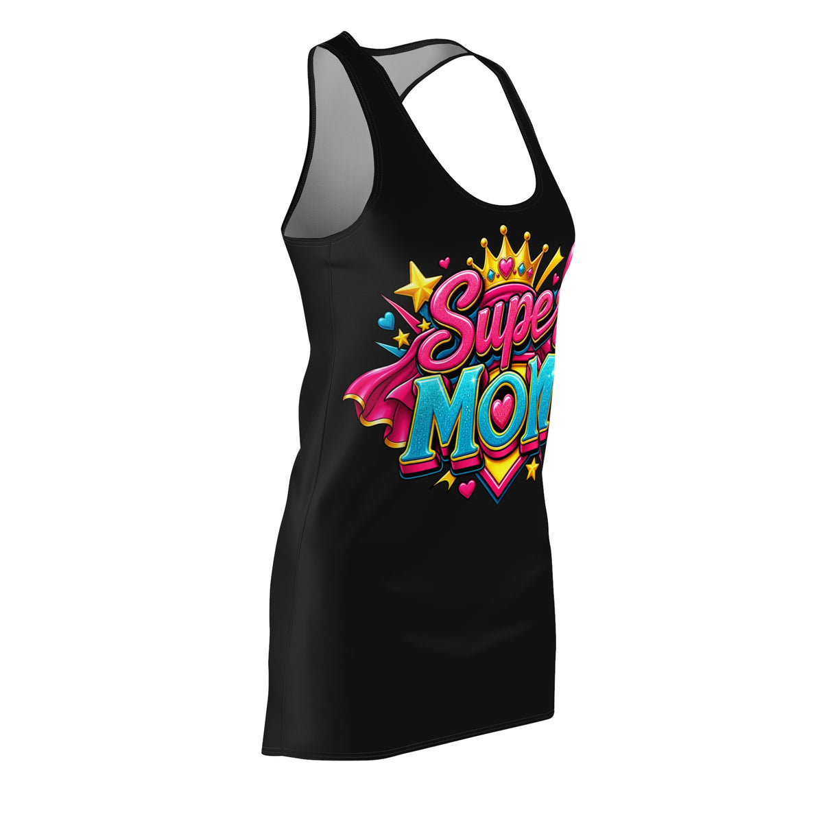 Super Mom graphic Racerback Dress | Colorful Crown Heart Stars