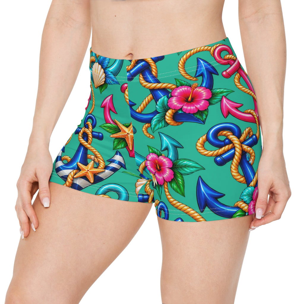Nautical Anchor Print Women's Swim Shorts — Tropical Hibiscus Beachwear