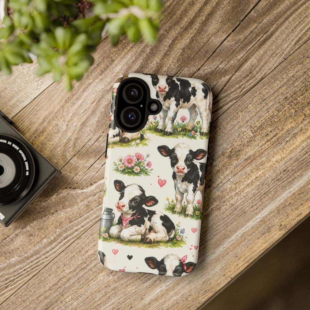 Cute Calf Pattern Phone Case – Pastel Cow Hearts & Flowers Protective Cover