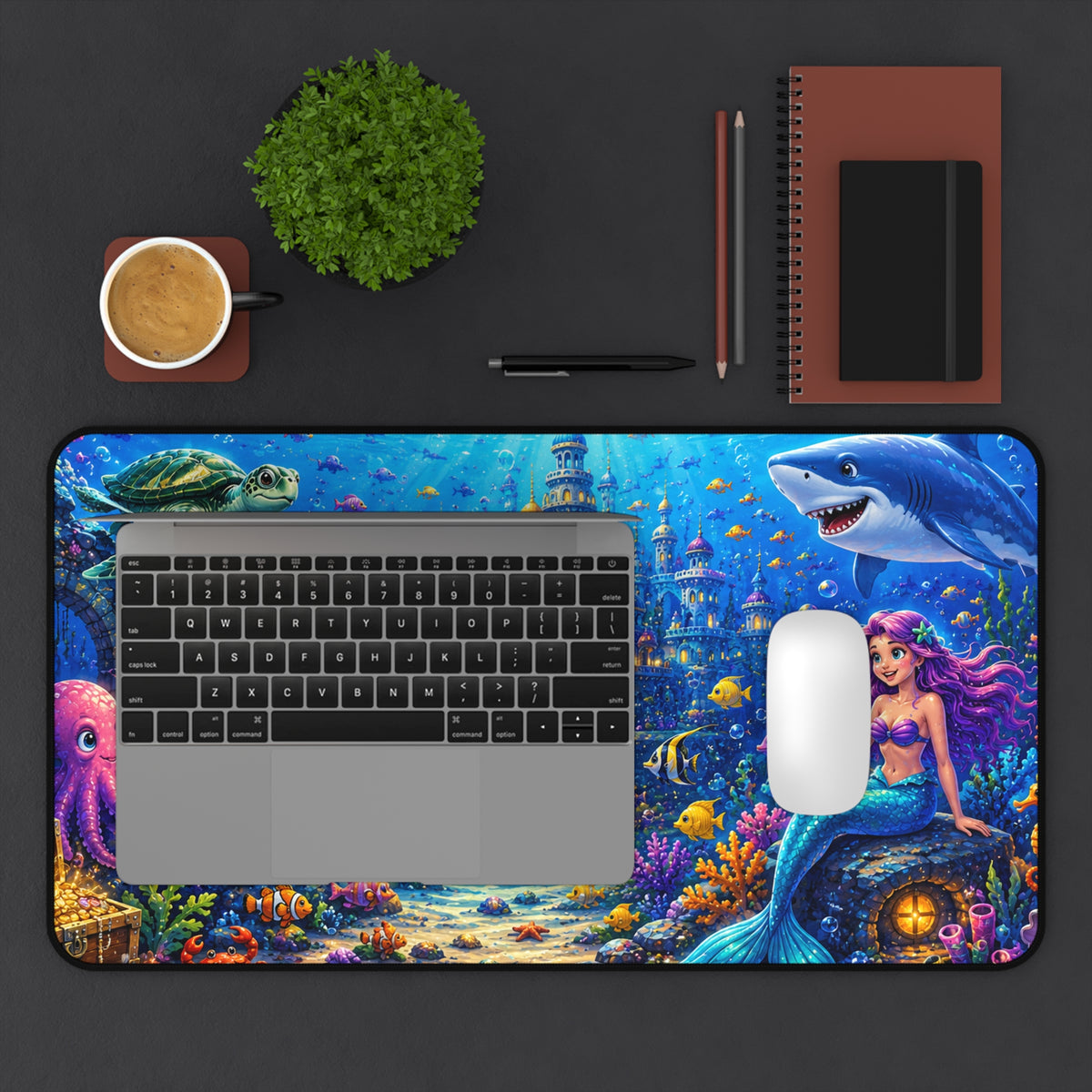 Mermaid Underwater Scene Desk Mat | Ocean Castle Mousepad
