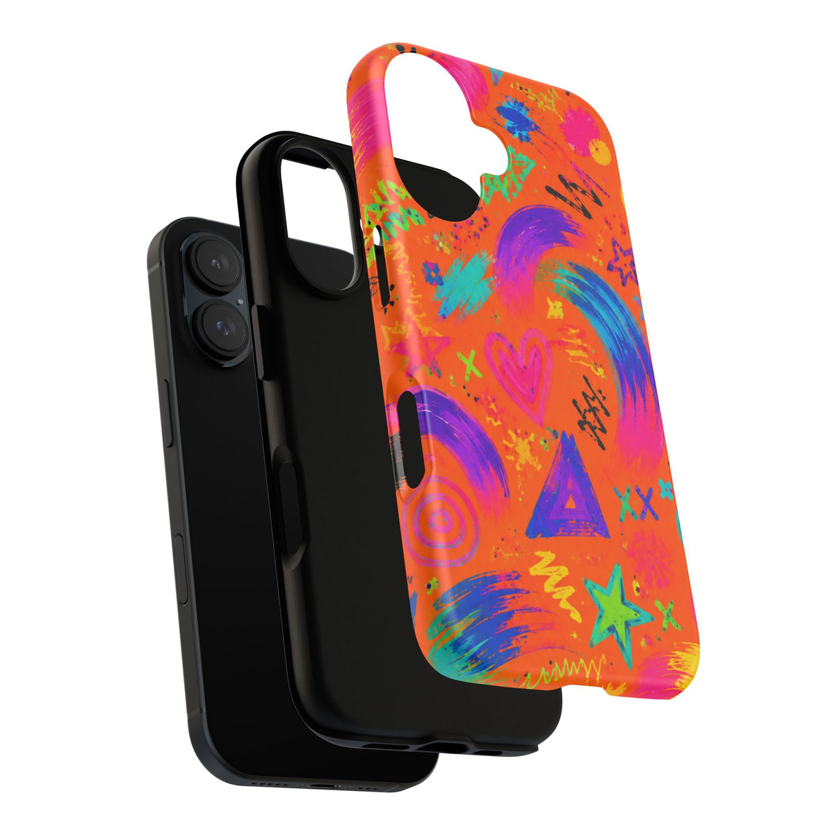 Colorful Neon Doodle Phone Case — Bright Abstract Stars & Hearts Tough Case