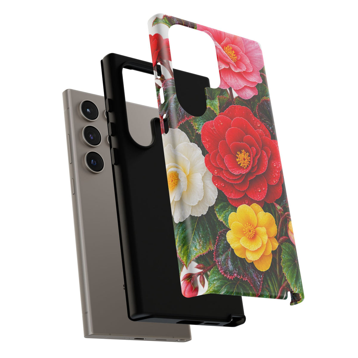 Floral Begonia Phone Case — Vibrant Red, Pink & Yellow Blossom Protective Cover