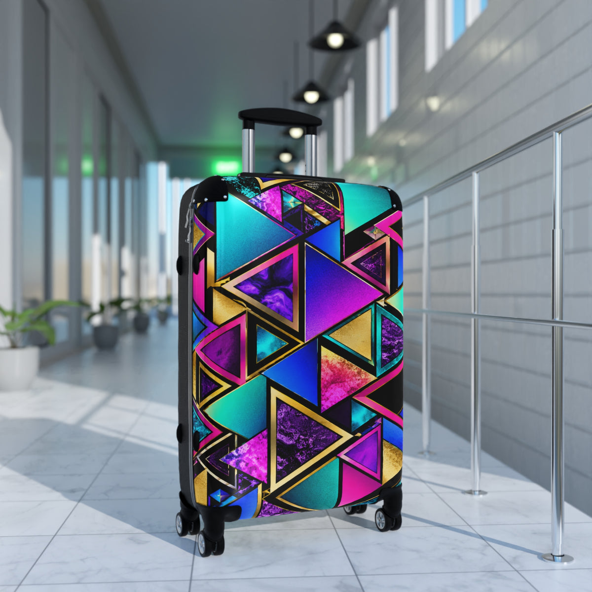 Geo Neon Triangle Carry-On Suitcase — Colorful Travel Luggage