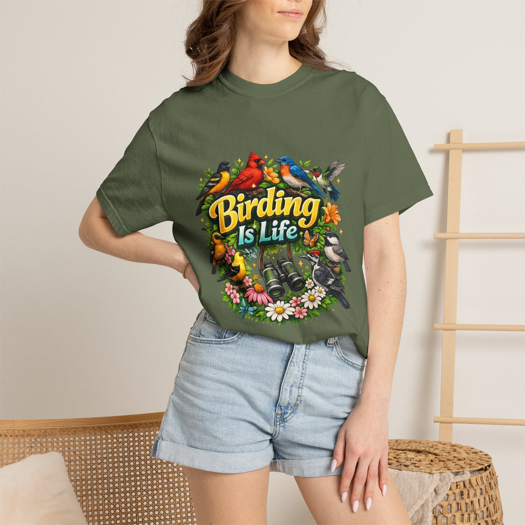 Birding Is Life T-shirt | Colorful Songbirds, Binoculars, Floral Design