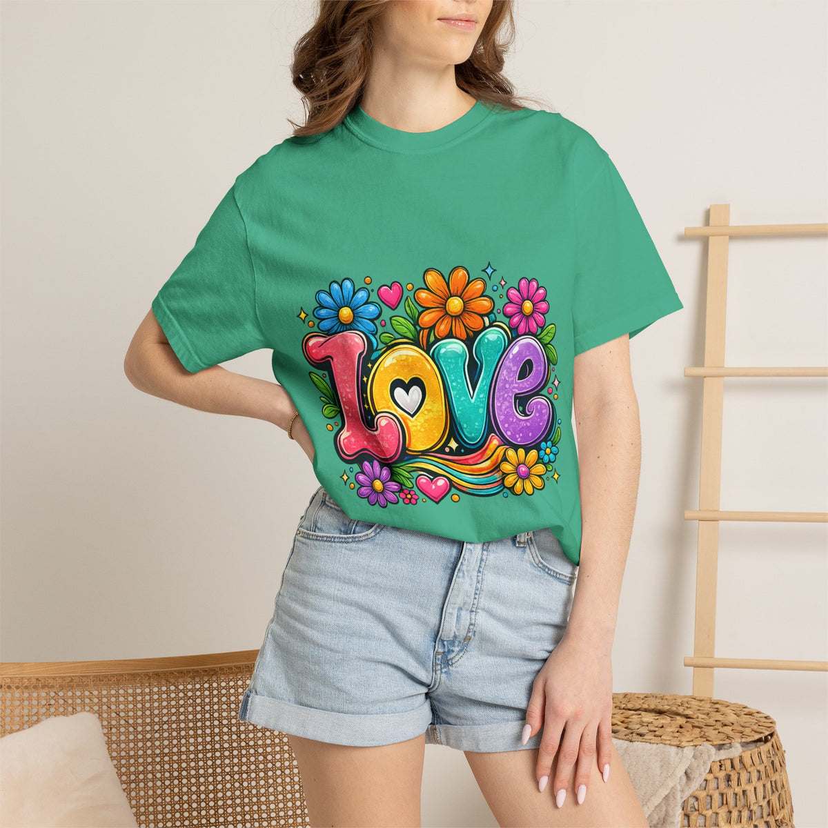 Retro Floral "Love" Design T-shirt | Colorful 70s Heart Typography
