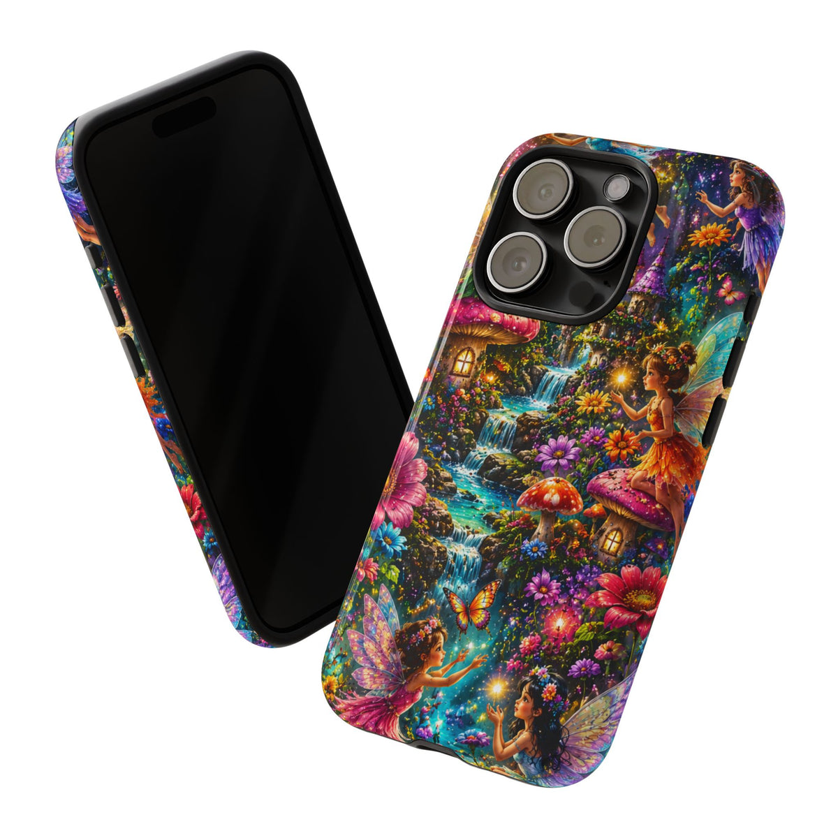 Fairy Garden Tough Phone Case — Whimsical Cottage, Waterfall & Mushroom Artwork