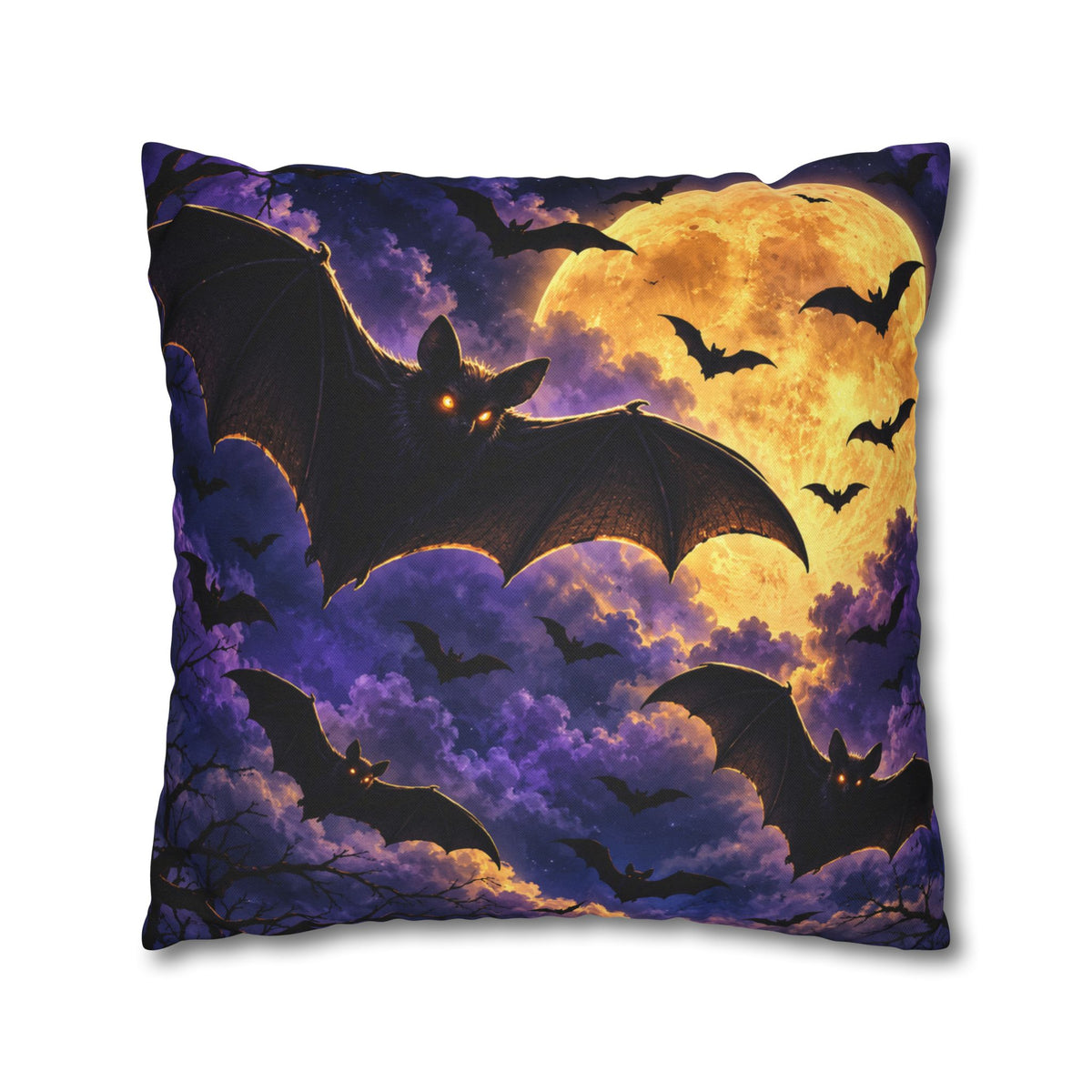 Halloween Bat Moon Pillowcase — Spooky Night Square Throw Pillow Cover