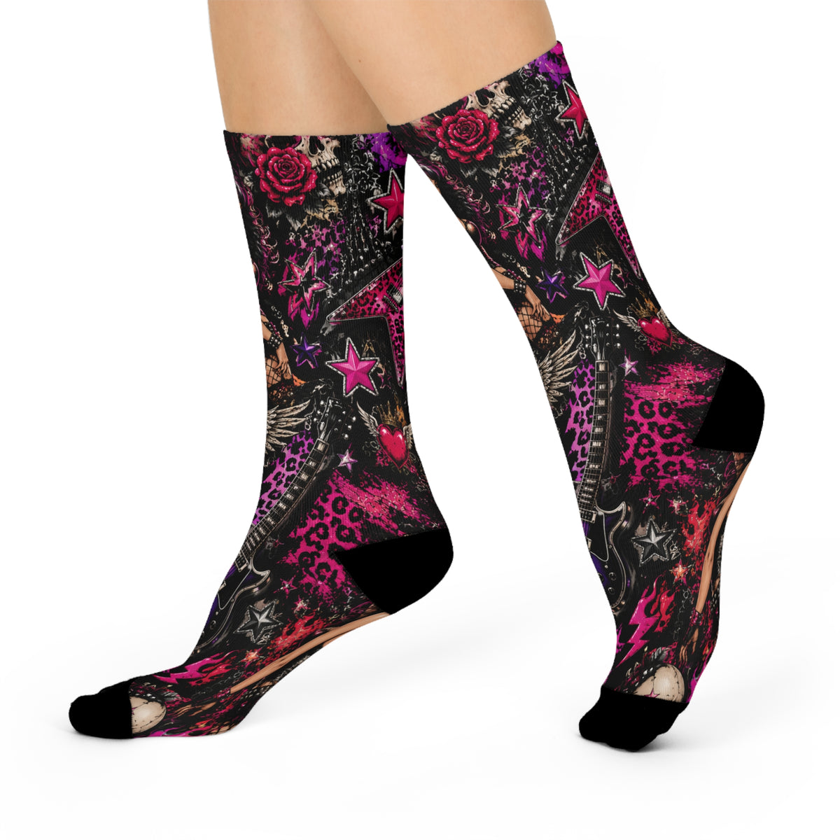 Gothic Pinup Skull Crew Socks — Cushioned Rockabilly Rose Knee-Highs