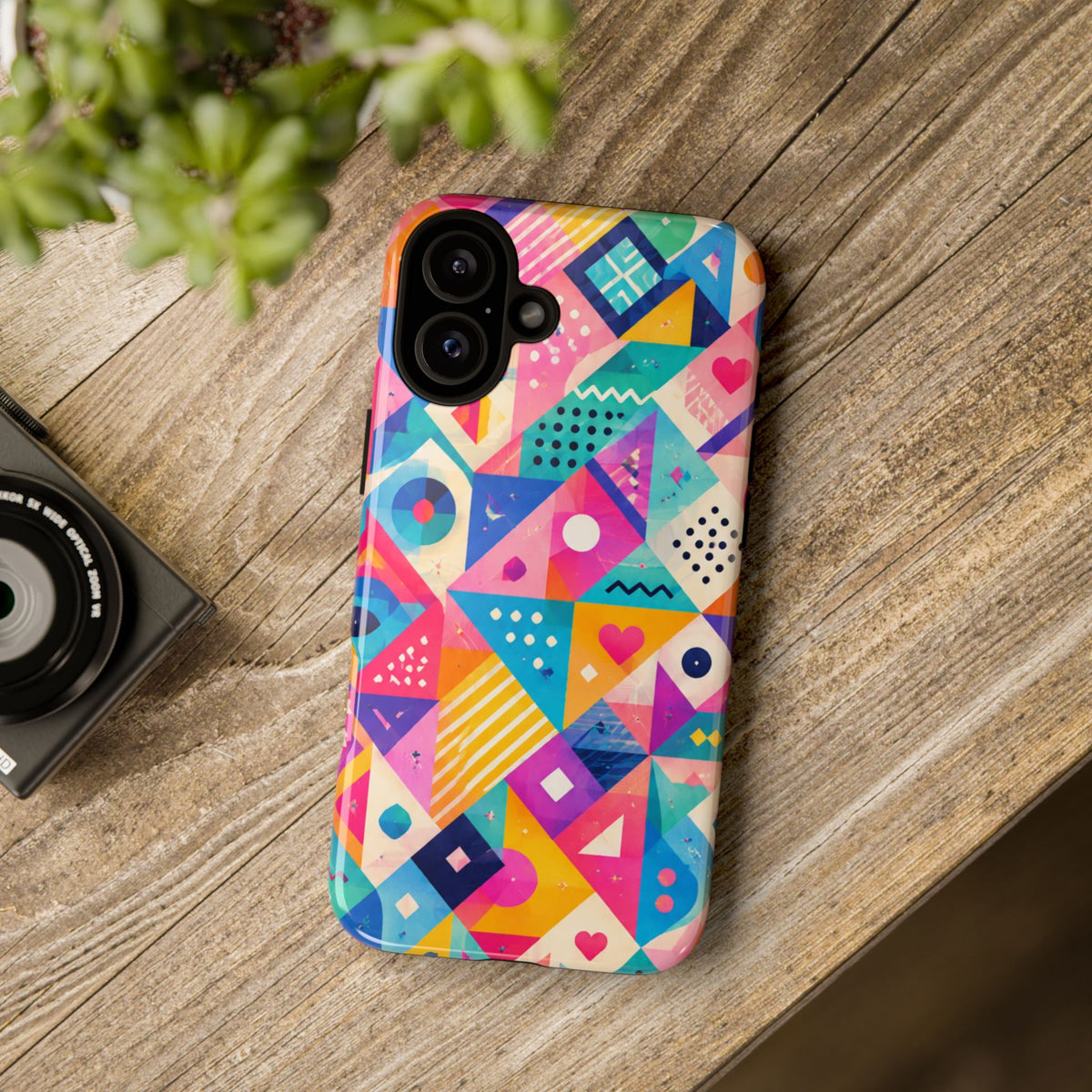 Colorful Geometric Tough Phone Case — Bright Abstract Heart & Triangle Pattern