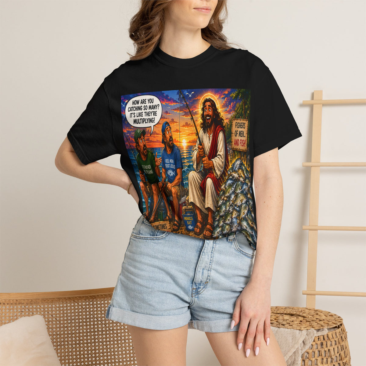 Christian Fishing T-Shirt — 'How Are You Catching So Many? It's the Three Multiplying' Graphic Tee