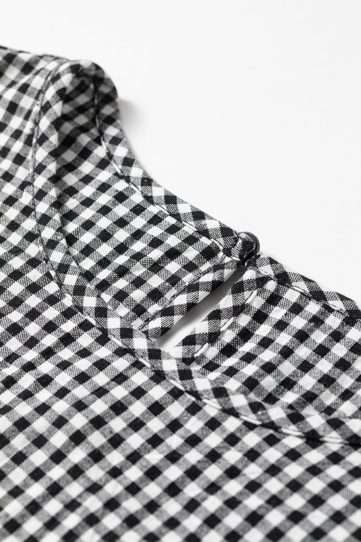 Gingham Shirred Cuff Long Sleeve Round Neck Blouse