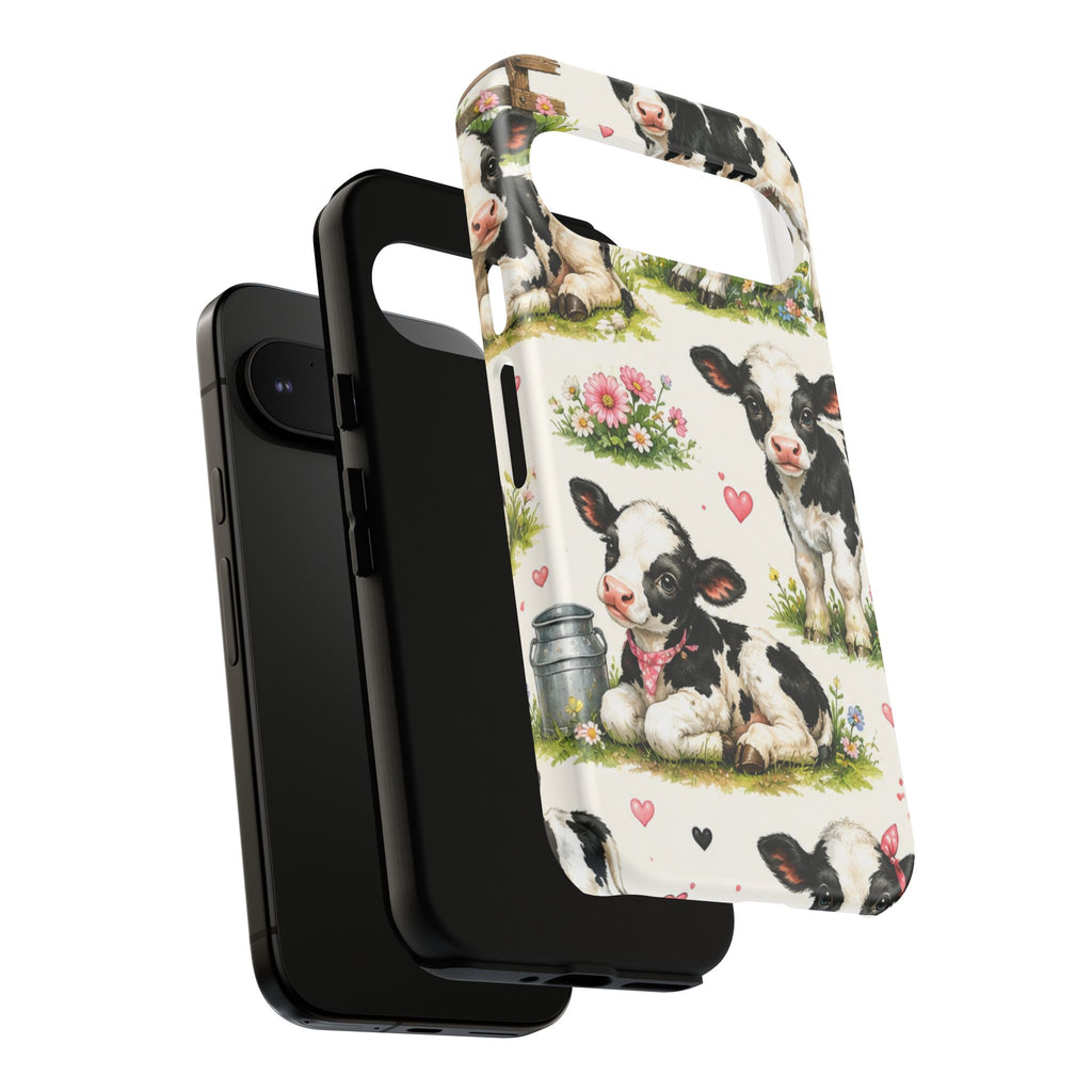Cute Calf Pattern Phone Case – Pastel Cow Hearts & Flowers Protective Cover