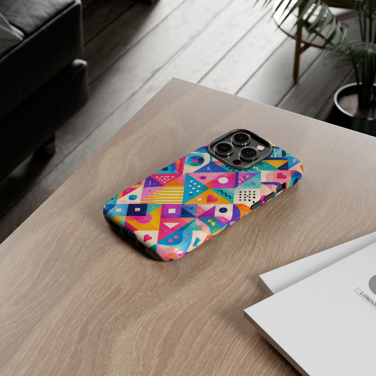 Colorful Geometric Tough Phone Case — Bright Abstract Heart & Triangle Pattern