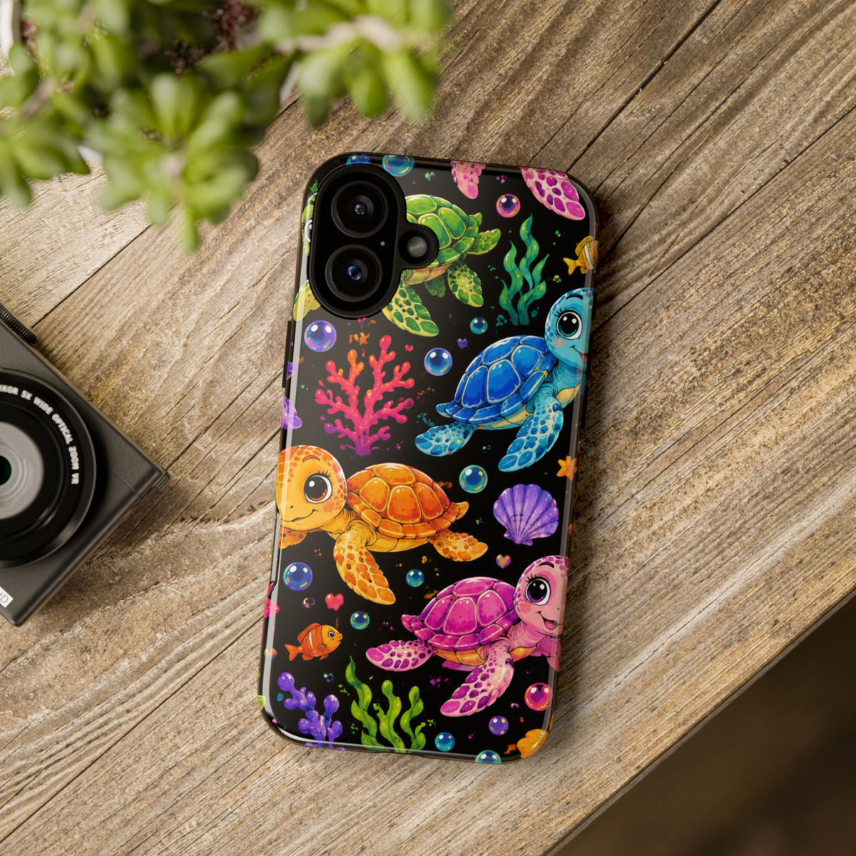 Phone Case — Colorful Cute Sea Turtles on Black (Protective Smartphone Cover)