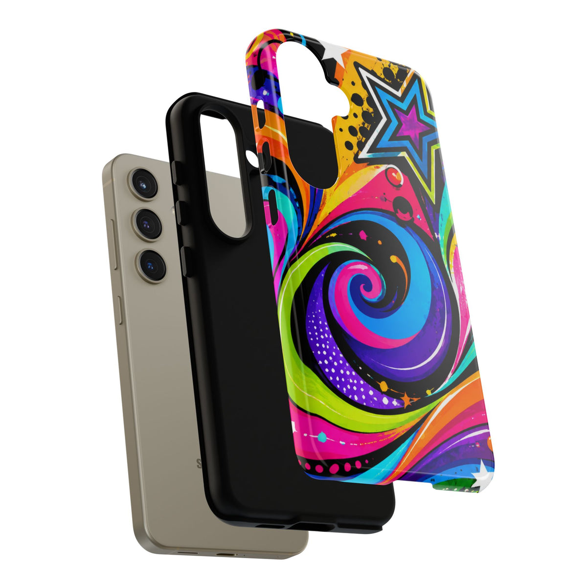 Psychedelic Swirl Phone Case — Bold Retro Stars & Neon Pop Art Tough Case