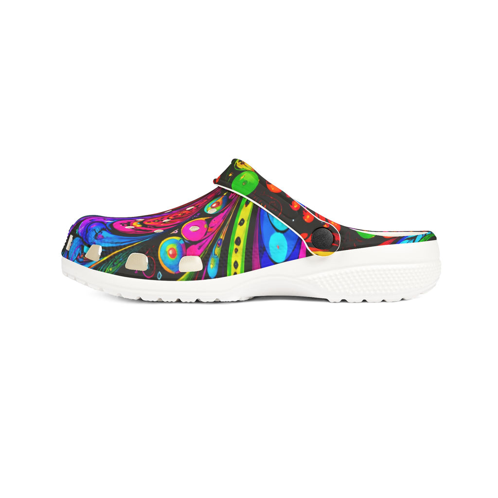 Colorful Psychedelic Foam Clogs — Vibrant Abstract Garden Slip-On Shoes