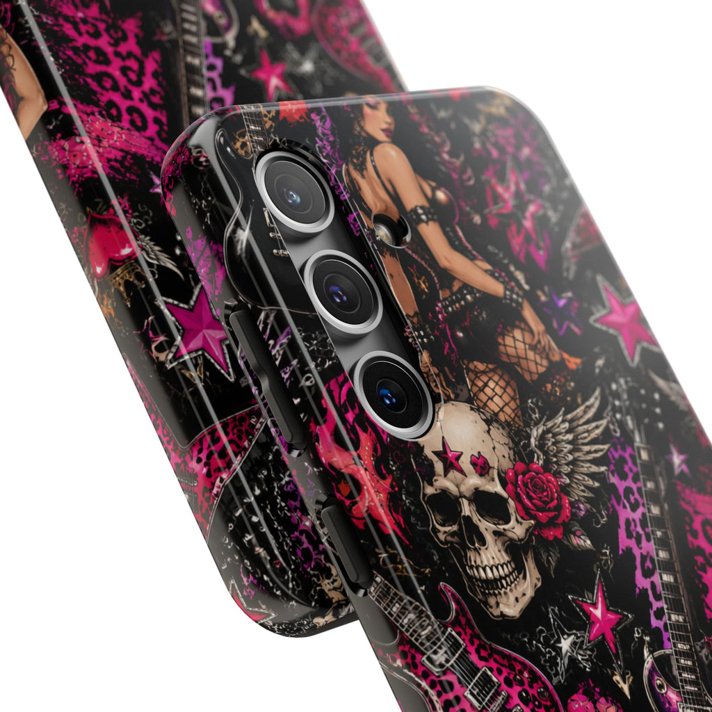 Rock Skull Guitar Phone Case — Edgy Pink Skull & Roses Tough Phone Case