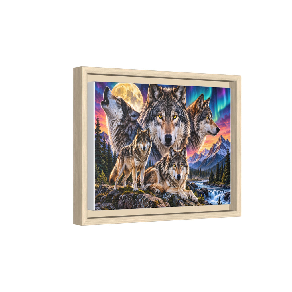 Framed Wolf Pack Matte Canvas Wall Art — Northern Lights Wilderness Scene