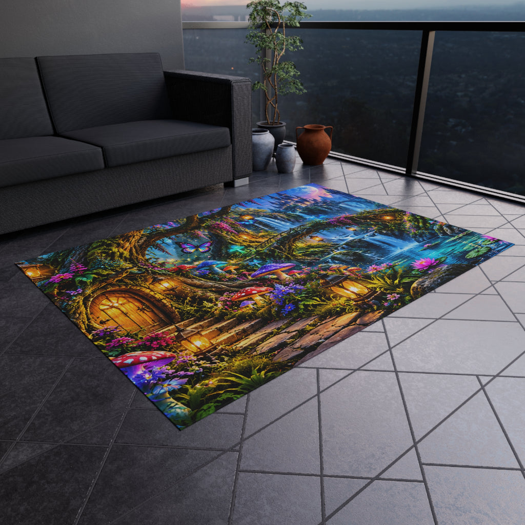 Fantasy Waterfall Outdoor Rug — Enchanted Forest Doorstep Mat