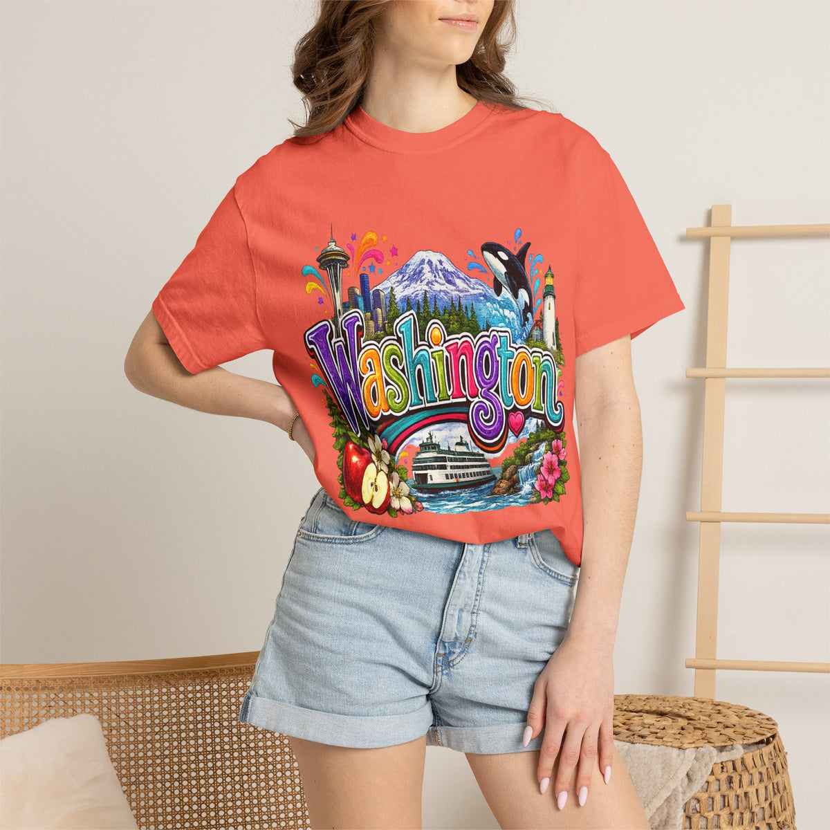 Washington State Scene T-shirt | Seattle Skyline, Orca, Apples