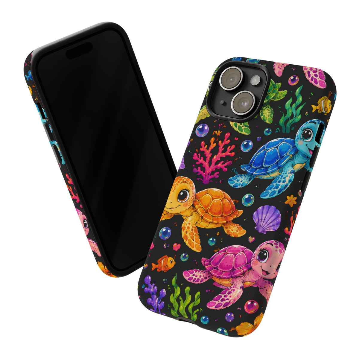 Phone Case — Colorful Cute Sea Turtles on Black (Protective Smartphone Cover)
