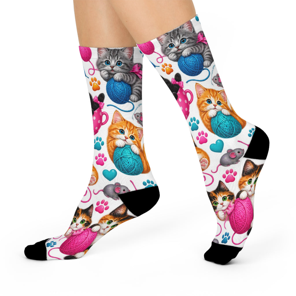 Kittens with Yarn Crew Socks | Cat Paw Pattern, Playful Cat Design