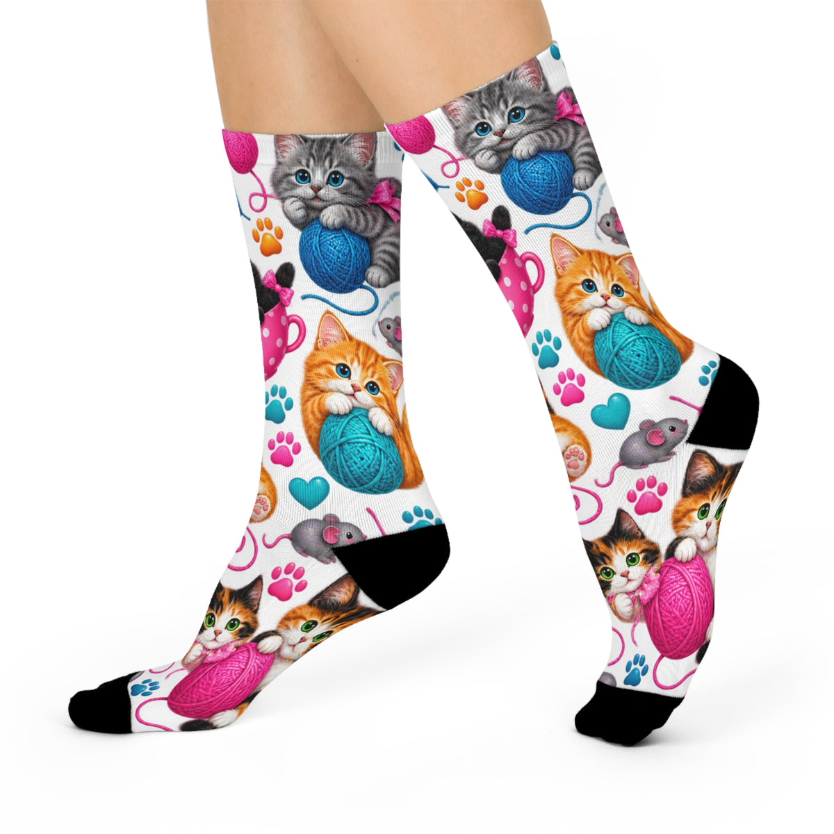 Kittens with Yarn Crew Socks | Cat Paw Pattern, Playful Cat Design