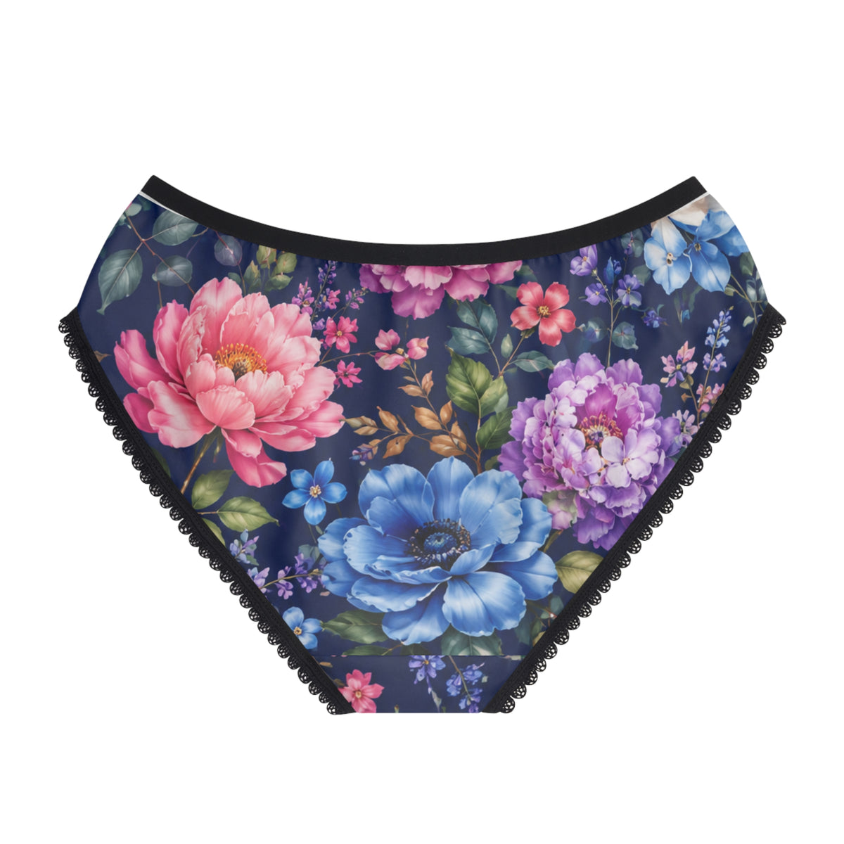 Floral Lace-Trim Women's Briefs — Navy Peony All-Over Print