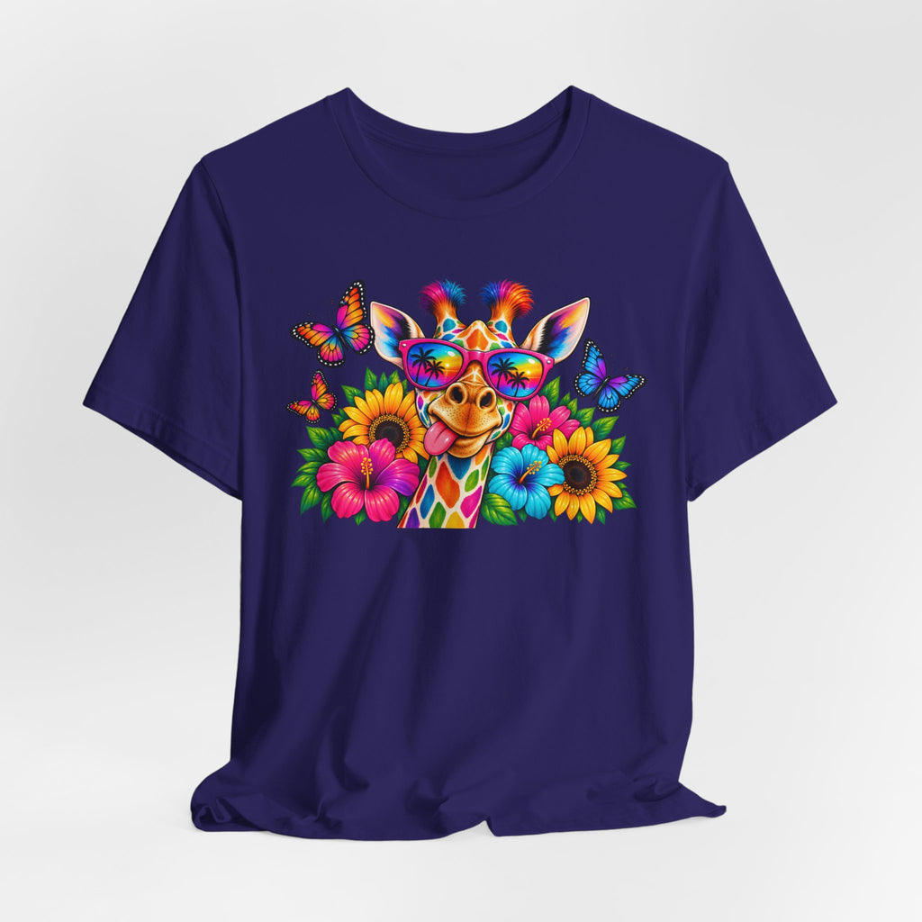 Giraffe Floral Tee — Colorful Butterfly & Sunflower Graphic T-Shirt