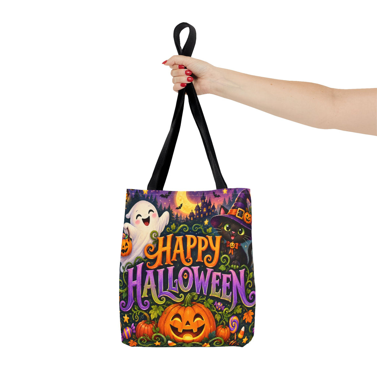 Halloween Tote Bag — Cute Ghost, Black Cat & Pumpkin Trick-or-Treat Candy Bag
