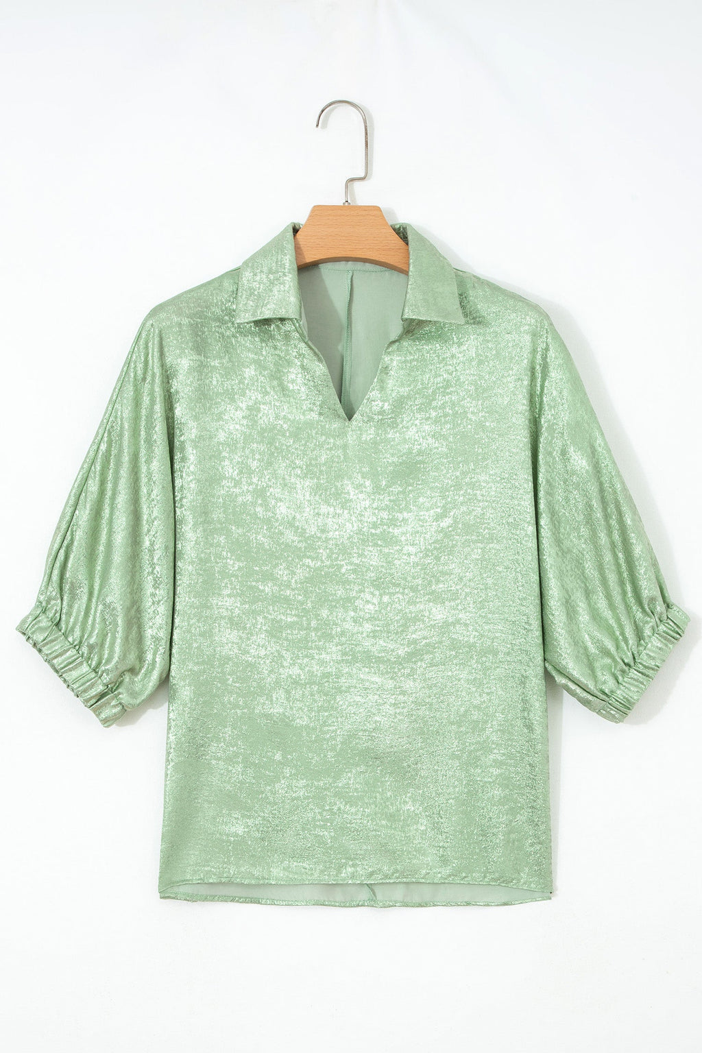 Metallic Collared V-Neck 3/4 Sleeve Top