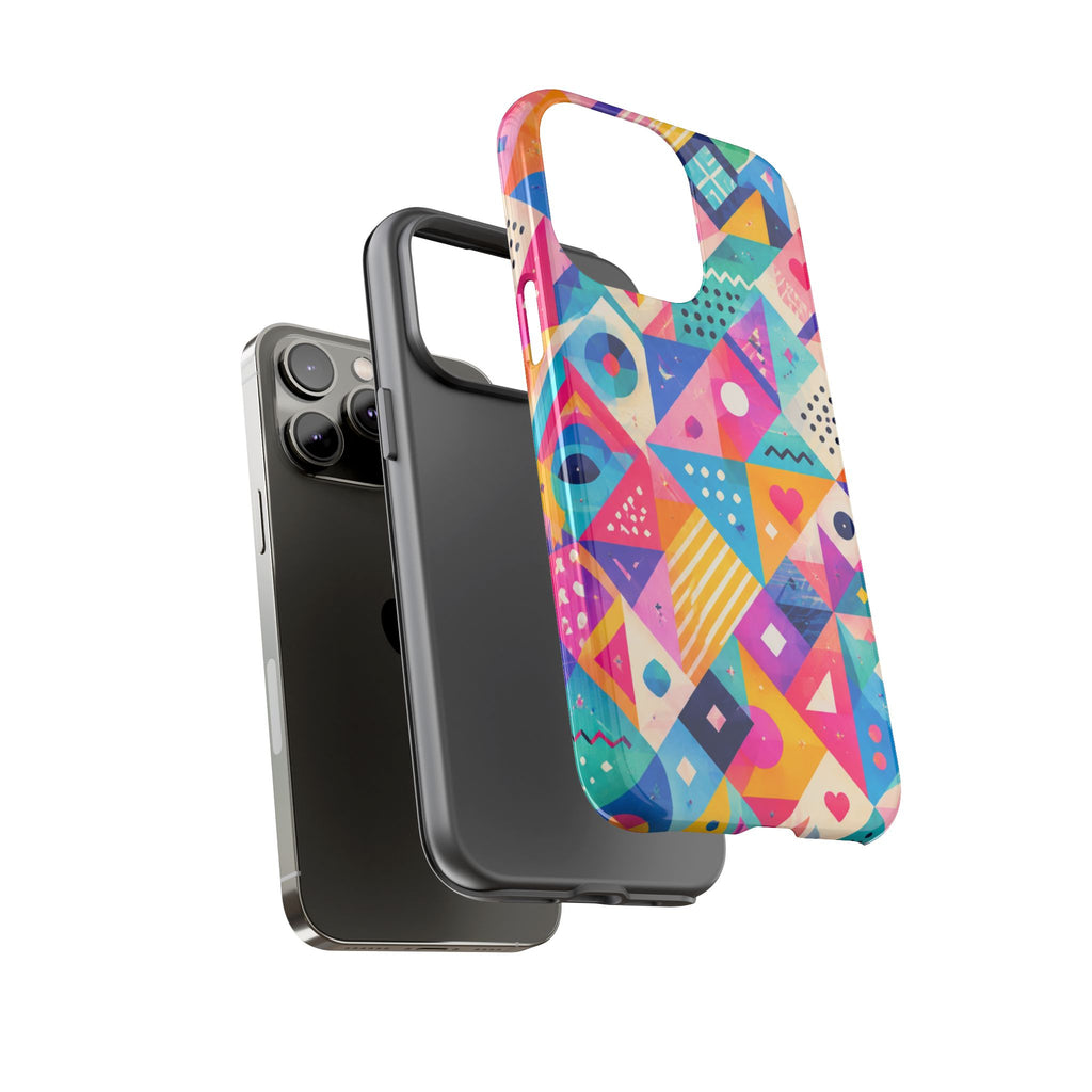 Colorful Geometric Tough Phone Case — Bright Abstract Heart & Triangle Pattern