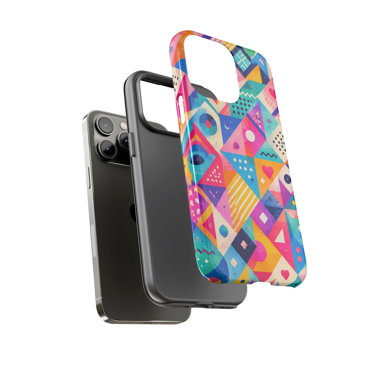 Colorful Geometric Tough Phone Case — Bright Abstract Heart & Triangle Pattern