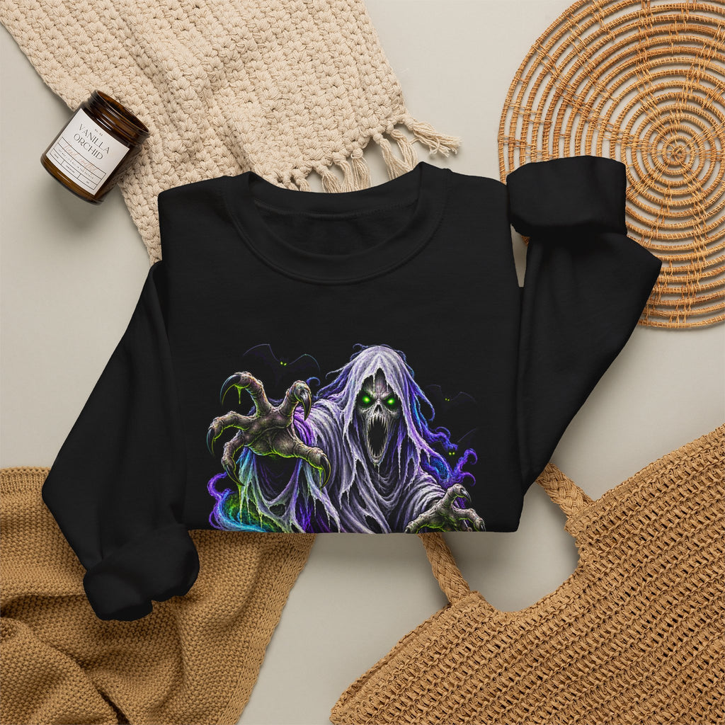 Ghostly Halloween Sweatshirt — Neon Phantom & Jack-O'-Lantern Crewneck