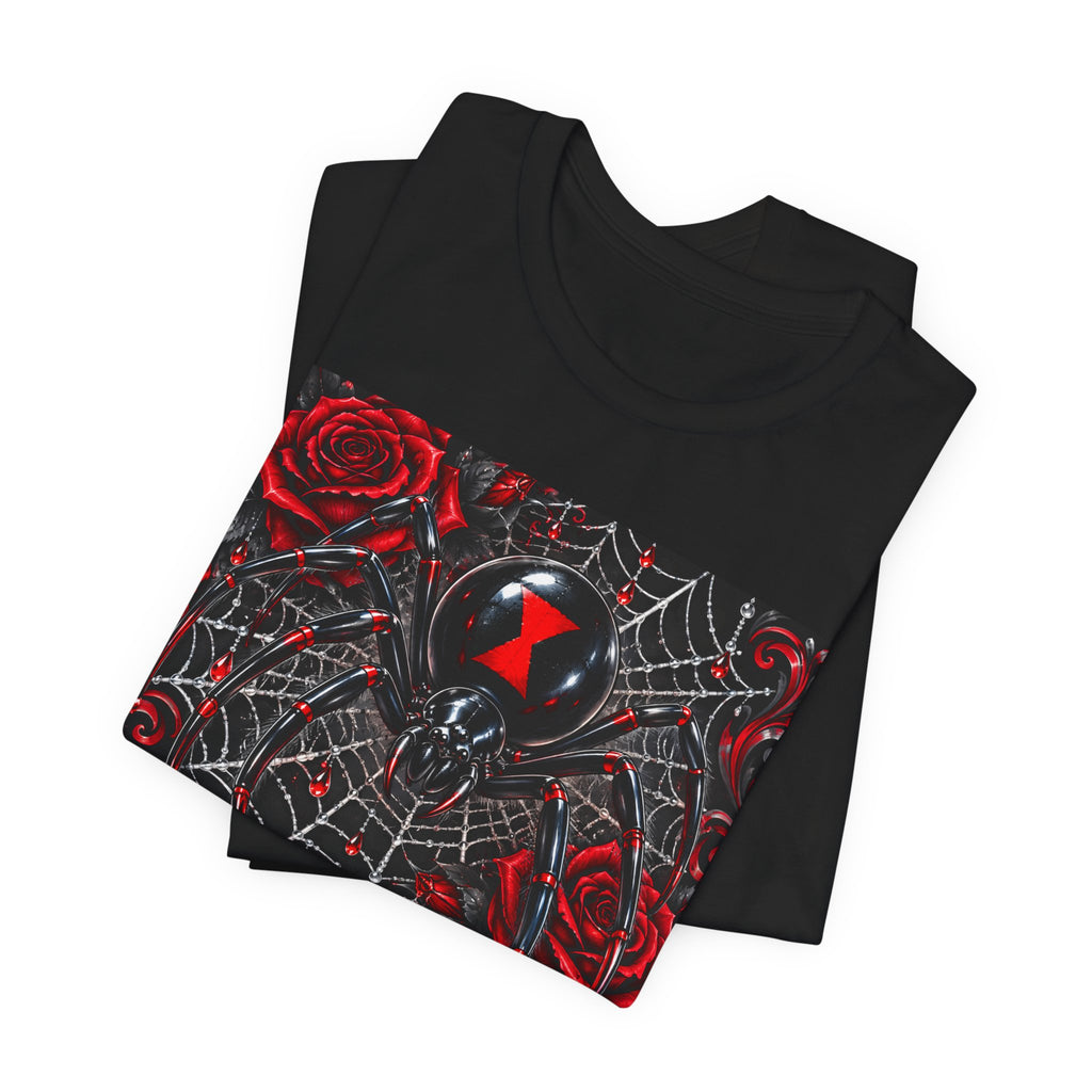 Black Widow Spider Web Tee — Red Roses Gothic Graphic T-Shirt