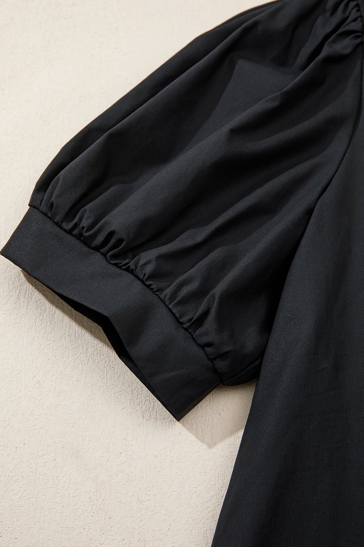 Embroidered V-Neck Short Puff Sleeve Blouse