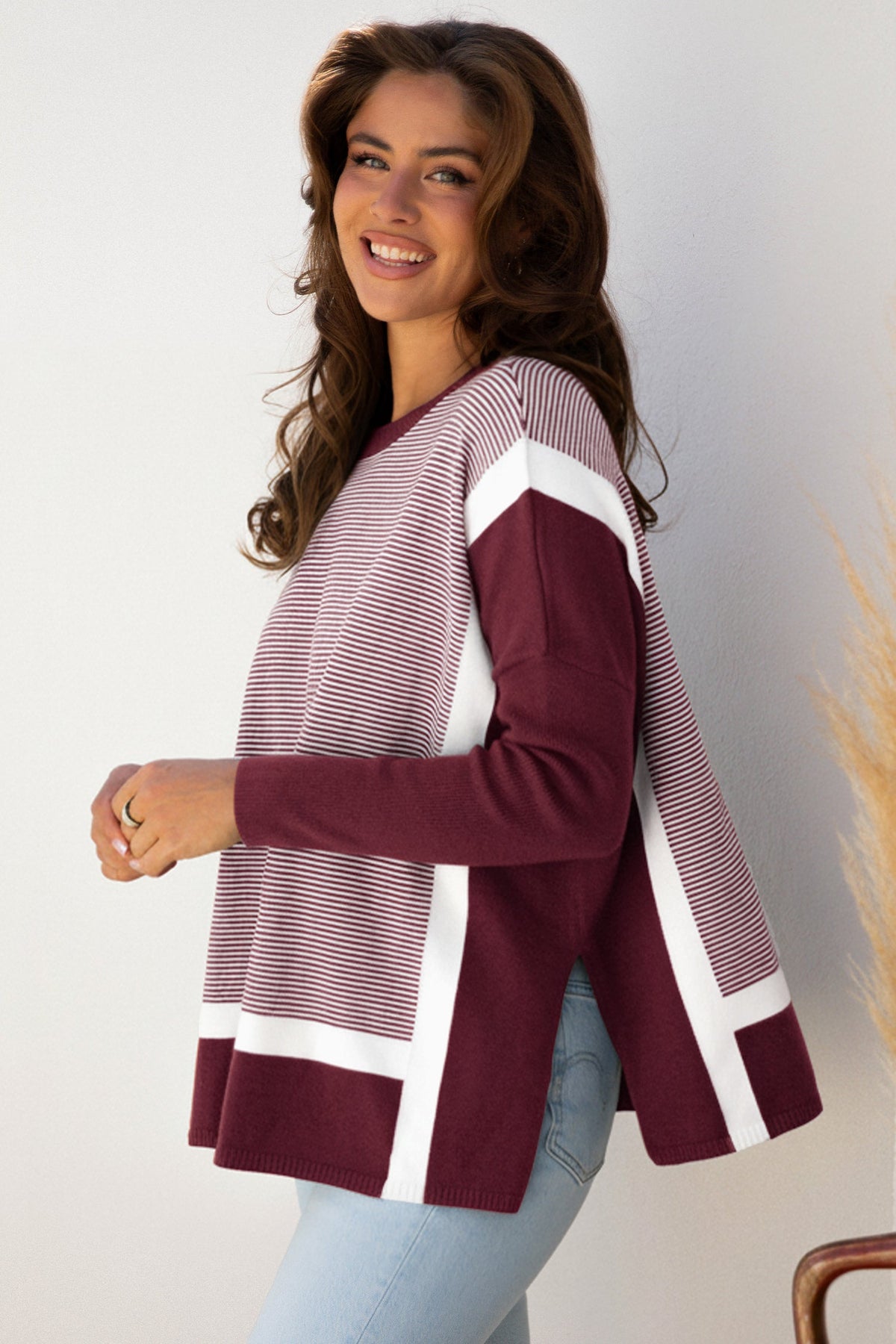 Stripe Colorblock Patchwork Dolman Sleeve Sweater