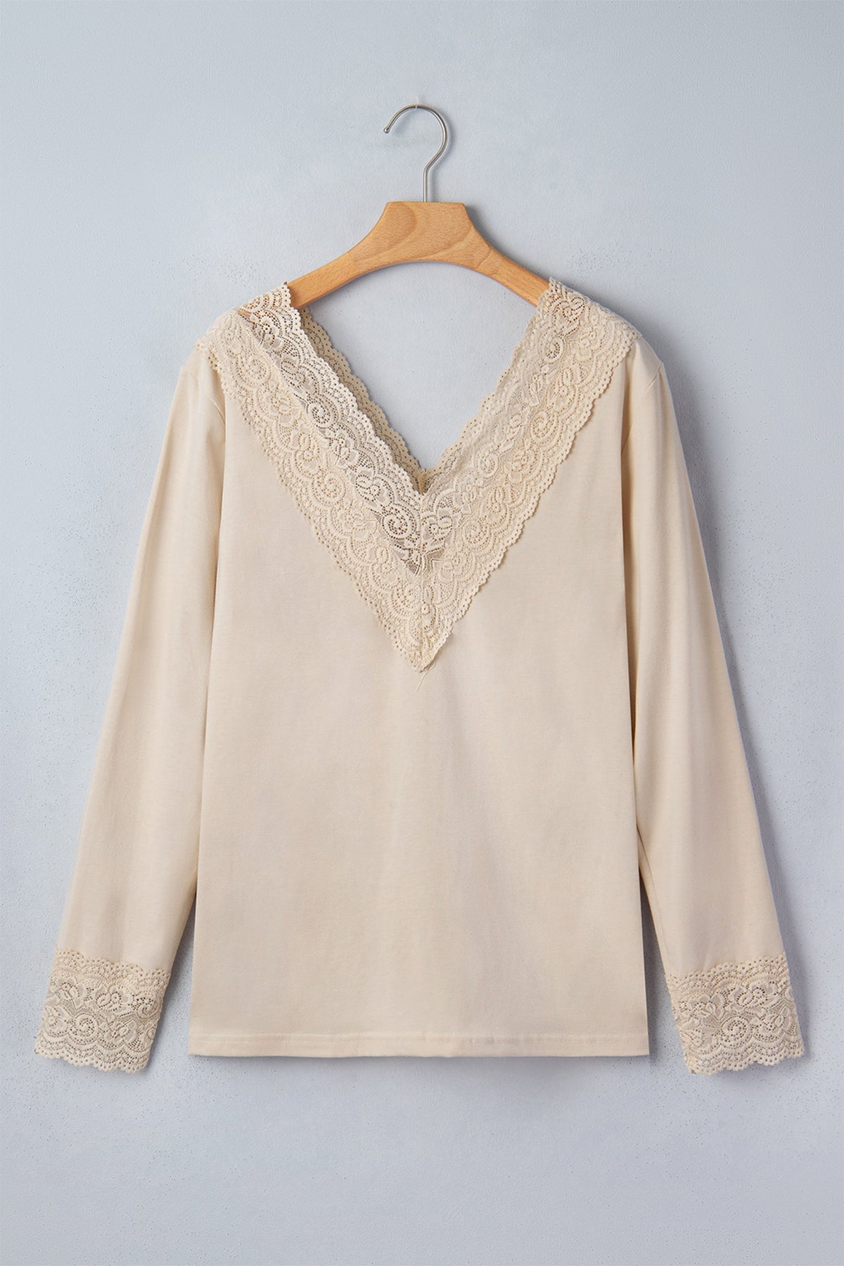 Lace Trim V-Neck Patchwork Long Sleeve Top