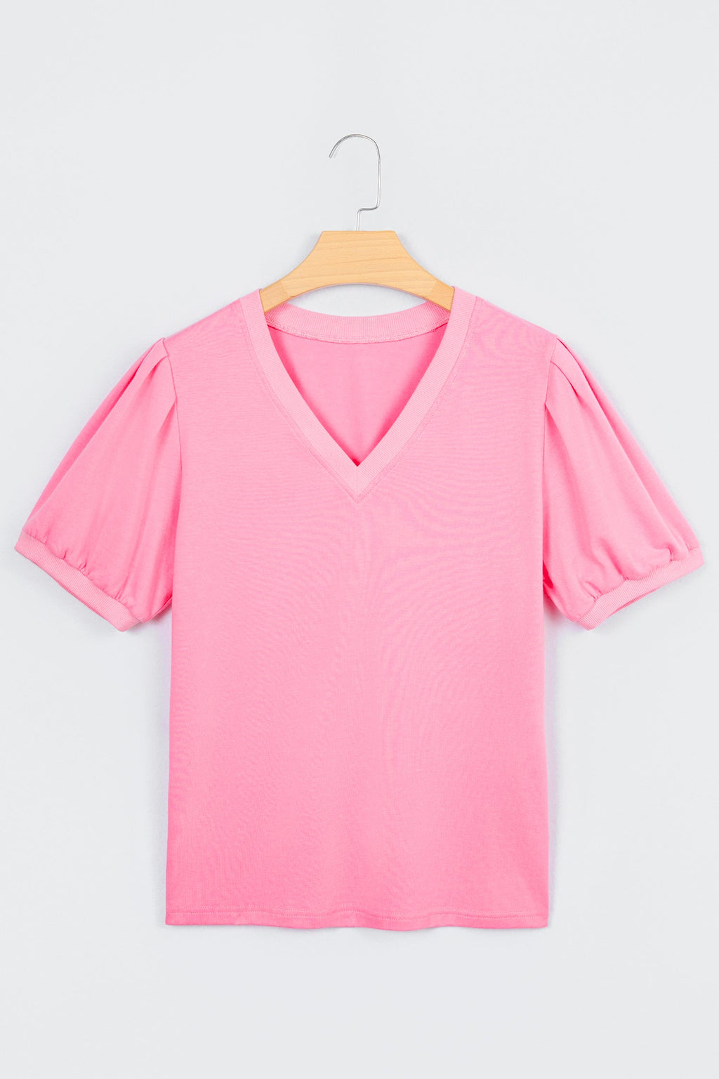 Solid V-Neck Short Puff Sleeve Blouse