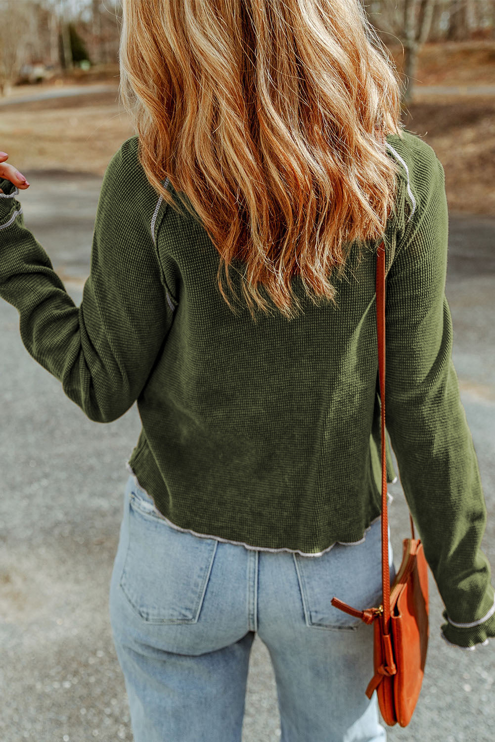 Solid Waffle Knit Round Neck Long Sleeve Top